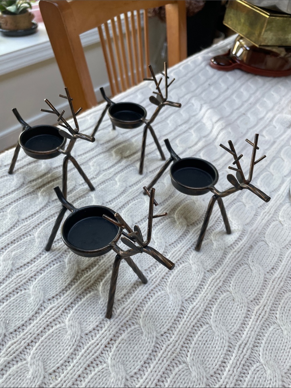 4 metal stick reindeer tea light candle holders. Antlers, bronze finish